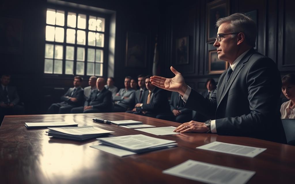 A Dimly Lit Courtroom, The Focal Point Being A Wooden Desk Where Documents And Evidence Lay Scattered. In The Foreground, A Lawyer In A Crisp Suit Gestures Passionately, Presenting Their Case To A Pensive Judge. The Middle Ground Features A Tense Atmosphere, With Jurors Leaning Forward, Scrutinizing The Proceedings. In The Background, A Sense Of Gravity And Seriousness Pervades, With High-Ceilinged Windows Casting Dramatic Shadows Across The Scene. The Lighting Is Intentionally Low-Key, Creating A Somber, Contemplative Mood, Emphasizing The Gravity Of The Medical Negligence Case Being Deliberated. The Overall Composition Conveys The High Stakes And Meticulous Attention To Detail Required To Prove Negligence In Healthcare Cases.