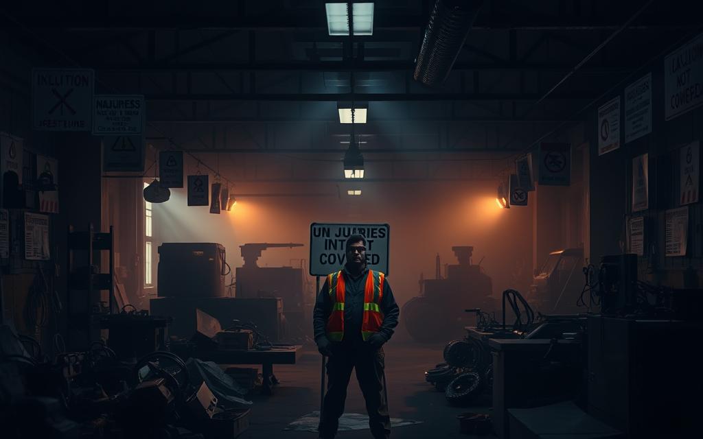 A Dimly Lit Industrial Workshop, With Scattered Tools And Machinery In The Foreground. Overhead, A Series Of Exclusion Signs And Warning Labels Hang From The Ceiling, Casting Ominous Shadows Across The Scene. In The Middle Ground, A Worker In Protective Gear Looks Concerned, Standing Before A Sign That Reads &Quot;Injuries Not Covered.&Quot; The Background Is Shrouded In A Hazy, Atmospheric Lighting, Emphasizing The Sense Of Uncertainty And Unease. The Overall Composition Conveys The Idea Of The Challenges And Limitations Faced By Workers When It Comes To Compensation For Workplace Injuries.