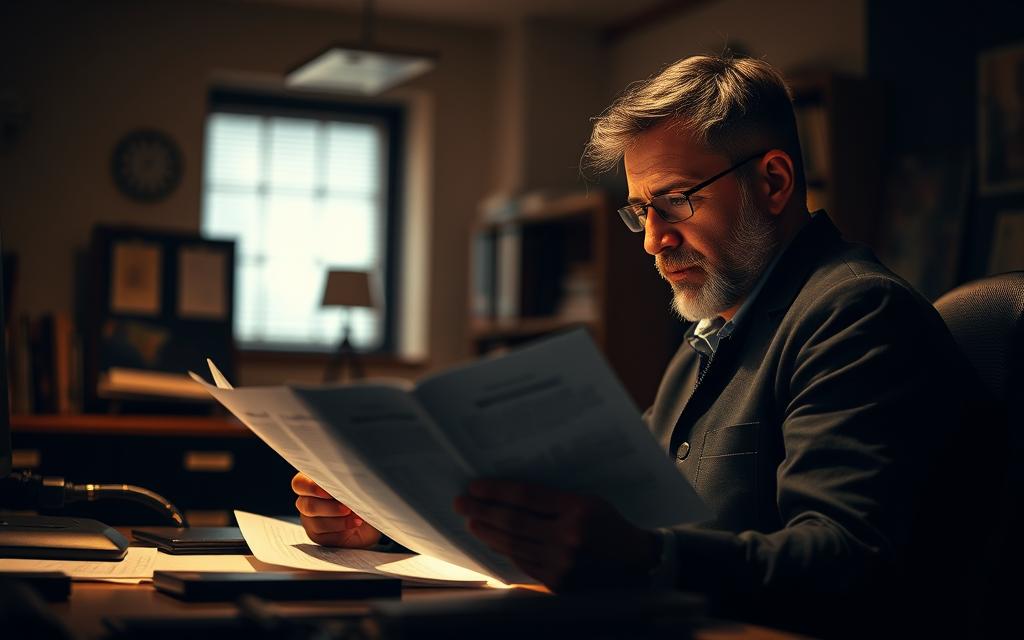 A Dimly Lit Office Space, With A Worker Seated At A Desk, Intently Reviewing Legal Documents Related To Workers' Compensation. The Room Is Filled With A Sense Of Focus And Determination, Conveying The Importance Of Understanding One'S Rights. Warm, Directional Lighting Illuminates The Worker'S Face, Highlighting Their Concentration. The Background Is Slightly Blurred, Placing Emphasis On The Worker And The Documents In Front Of Them. The Overall Atmosphere Is One Of Seriousness And Professionalism, Reflecting The Subject Matter Of The Article Section.