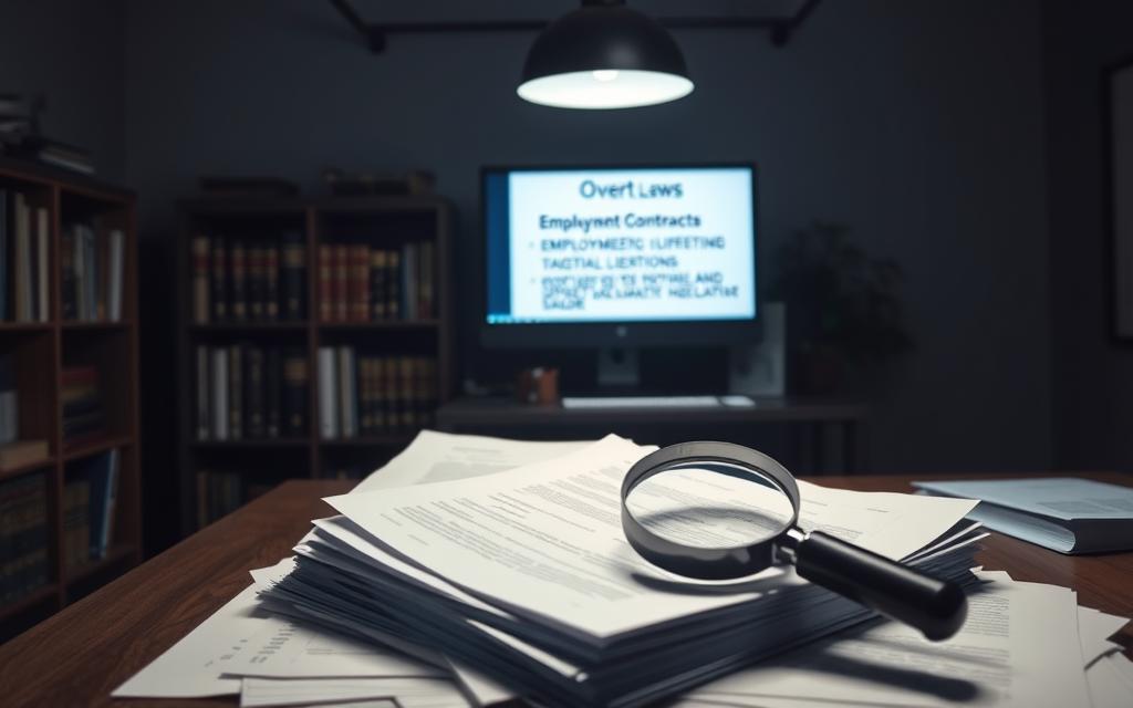 A Dimly Lit Office Space, With Crisp Overhead Lighting Illuminating A Stack Of Employment Contracts And A Magnifying Glass Examining Fine Print. In The Background, A Bookshelf Filled With Legal Tomes And A Desktop Computer Display Showcasing Overtime Regulations. The Scene Conveys A Sense Of Concentrated Analysis, As If Delving Into The Nuances Of Labor Laws And Contractual Obligations. The Composition Highlights The Central Focus On The Employment Documents, Creating A Contemplative Atmosphere Suitable For Exploring The Complexities Of Workplace Rights And Responsibilities. A Dimly Lit Office Space, With Crisp Overhead Lighting Illuminating A Stack Of Employment Contracts And A Magnifying Glass Examining Fine Print. In The Background, A Bookshelf Filled With Legal Tomes And A Desktop Computer Display Showcasing Overtime Regulations. The Scene Conveys A Sense Of Concentrated Analysis, As If Delving Into The Nuances Of Labor Laws And Contractual Obligations. The Composition Highlights The Central Focus On The Employment Documents, Creating A Contemplative Atmosphere Suitable For Exploring The Complexities Of Workplace Rights And Responsibilities.