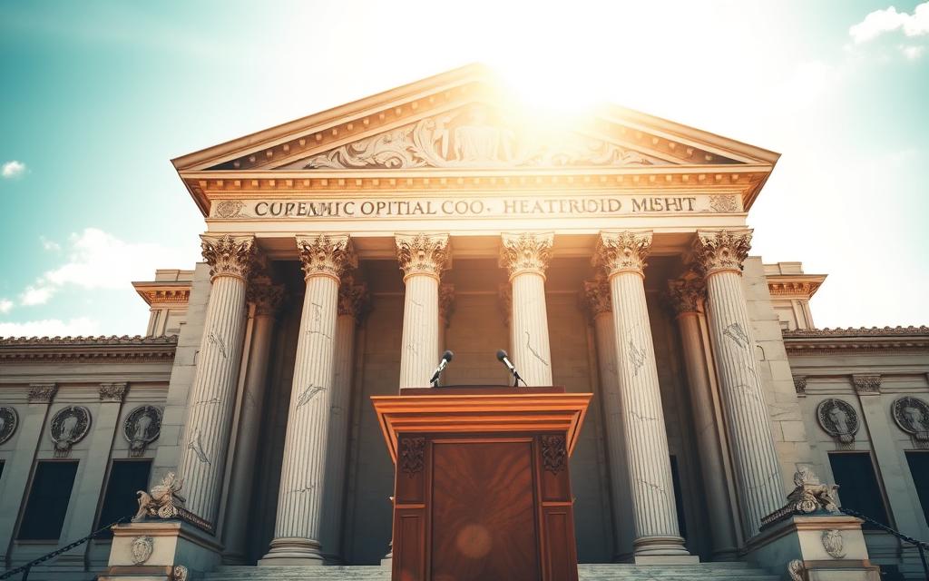 A Grand, Majestic Courthouse Standing Tall, Its Imposing Facade Adorned With Intricate Carvings And A Grand Portico. Sunlight Streams Through The Large Windows, Casting Warm, Golden Hues Onto The Elaborate Marble Columns. In The Foreground, A Podium And Judge'S Bench Come Into Focus, Symbolizing The Solemn Process Of Judicial Review. The Mood Is One Of Gravity And Authority, Befitting The Weighty Matters Of Constitutional Interpretation. The Scene Conveys The Solemnity And Significance Of The Necessary And Proper Clause, And The Critical Role Of The Judiciary In Defining Its Limits.