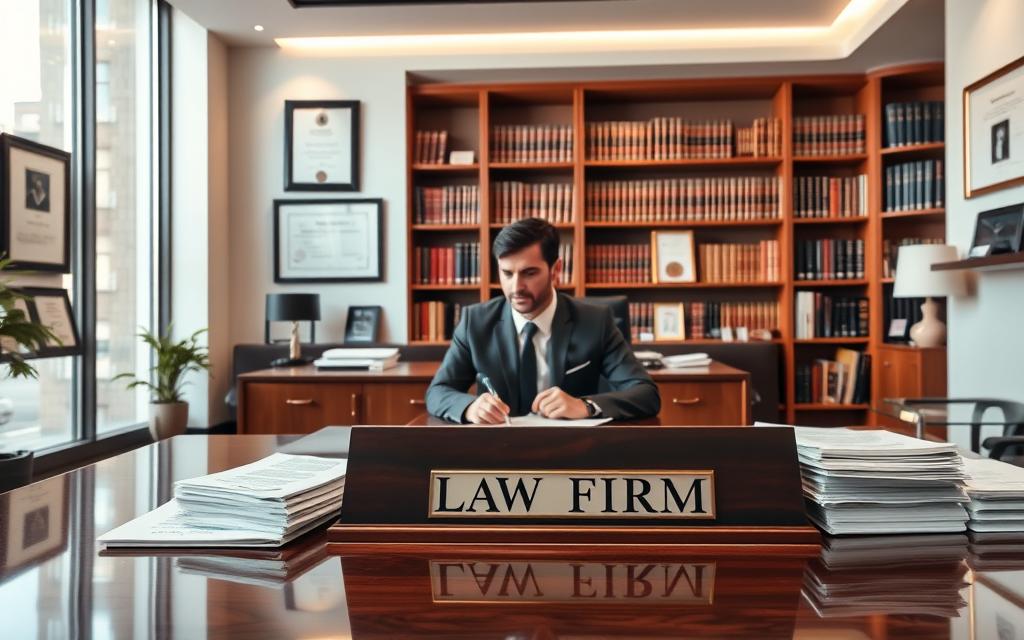 A Modern Law Office Interior With Floor-To-Ceiling Windows, Softly Lit By Natural Daylight. In The Foreground, A Mahogany Desk With A Nameplate &Quot;Law Firm&Quot; And Stacks Of Legal Documents. Behind It, A Well-Dressed Lawyer In A Suit Is Sitting, Deep In Thought. On The Walls, Framed Certificates And Awards Highlighting The Firm'S Expertise And Reputation. Bookshelves Line The Back Wall, Conveying A Sense Of Legal Knowledge And Experience. The Atmosphere Is Professional, Elegant, And Inspiring Confidence In The Firm'S Capabilities.