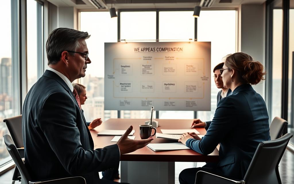 A Modern, Well-Lit Office Setting With A Team Of Workers Compensation Attorneys And Staff Gathered Around A Conference Table, Discussing Case Files And Documents. The Foreground Features A Middle-Aged Man In A Suit Gesturing Animatedly, While His Colleagues Listen Intently. The Middle Ground Shows A Large Whiteboard Displaying A Flowchart Outlining The Appeals Process, With Key Steps Highlighted. The Background Features Floor-To-Ceiling Windows Overlooking A Cityscape, Casting A Warm, Natural Light On The Scene. The Overall Mood Conveys A Sense Of Professionalism, Collaboration, And A Determination To Navigate The Complex Workman'S Compensation System Effectively.