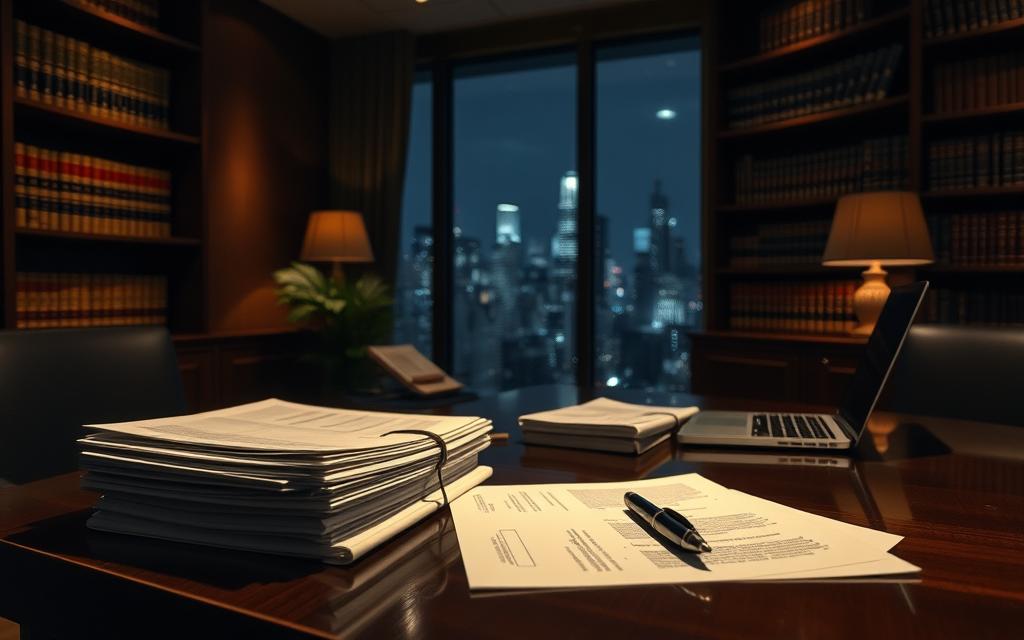 A Sophisticated Legal Office, Dimly Lit With Warm, Muted Lighting. On The Desk, A Stack Of Legal Documents, A Pen, And A Laptop, Conveying The Sense Of An Important Deadline. In The Background, A Bookshelf Filled With Legal Tomes, Lending An Air Of Authority And Expertise. Through The Window, A Glimpse Of A Bustling City Skyline, Suggesting The High-Stakes Nature Of The Malpractice Case. The Overall Atmosphere Is One Of Urgency, Professionalism, And The Weight Of The Legal Process.