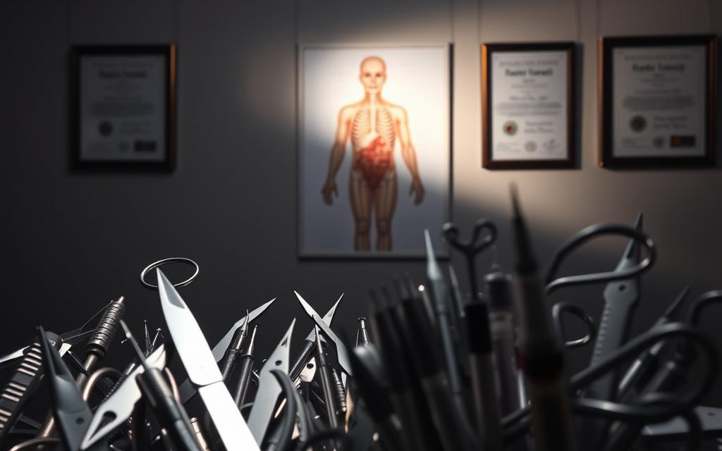 A Stark And Clinical Medical Setting, With The Foreground Featuring A Cluster Of Medical Instruments And Implements - Scalpels, Forceps, Syringes, And Other Specialized Tools. The Middle Ground Shows A Detailed Anatomical Diagram Of The Human Body, Illuminated Under Bright, Clinical Lighting, Casting Sharp Shadows. In The Background, Framed Legal Documents And Certificates Hang On The Walls, Hinting At The Specialized Legal Expertise Required To Navigate The Complex World Of Medical Malpractice. The Overall Atmosphere Is One Of Precision, Expertise, And The High-Stakes Nature Of This Specialized Field Of Law.