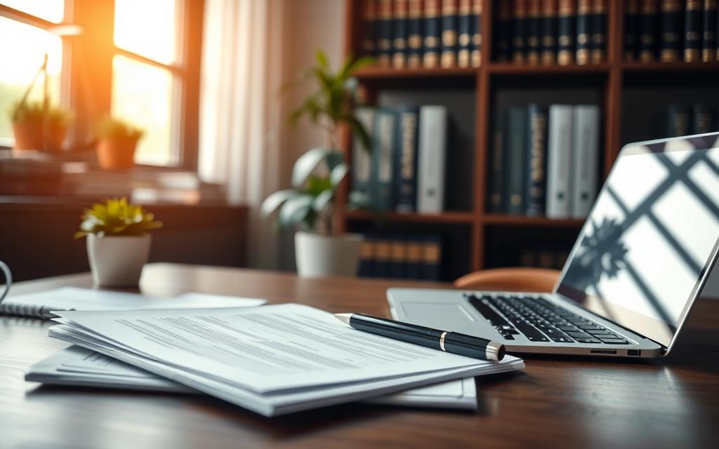A Well-Lit And Neatly Organized Office Desk, With A Laptop, A Stack Of Documents, And A Pen. In The Background, Shelves Filled With Legal Books And A Potted Plant Add A Professional Ambiance. The Lighting Casts A Warm, Focused Glow, Emphasizing The Importance Of The Legal Claim Documentation Being Prepared. The Scene Conveys A Sense Of Diligence And Attention To Detail, Reflecting The Process Of Building A Strong Wrongful Termination Case. A Well-Lit And Neatly Organized Office Desk, With A Laptop, A Stack Of Documents, And A Pen. In The Background, Shelves Filled With Legal Books And A Potted Plant Add A Professional Ambiance. The Lighting Casts A Warm, Focused Glow, Emphasizing The Importance Of The Legal Claim Documentation Being Prepared. The Scene Conveys A Sense Of Diligence And Attention To Detail, Reflecting The Process Of Building A Strong Wrongful Termination Case.