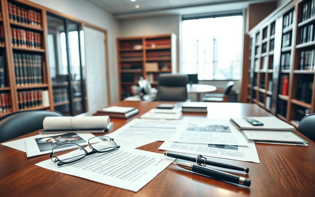 A Well-Lit Office Interior, With A Central Wooden Desk Showcasing Various Legal Documents, Photographs, And Other Evidence. In The Foreground, A Pair Of Eyeglasses And A Pen Rest On The Desk, Conveying A Sense Of Diligent Investigation. The Middle Ground Features Bookshelves Lining The Walls, Containing Law Books And Case Files, Hinting At The Depth Of Research And Expertise. The Background Subtly Suggests The Broader Context, With A Window Overlooking A Cityscape, Suggesting The High-Stakes Nature Of The Medical Malpractice Case. The Overall Mood Is One Of Focus, Professionalism, And The Careful, Methodical Assembly Of A Compelling Legal Argument.
