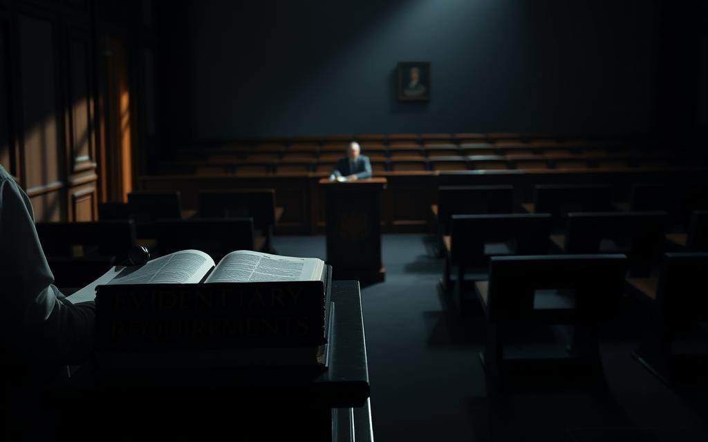 A High-Contrast, Cinematic Image Of A Courtroom Interior, Dimly Lit From The Side To Create Dramatic Shadows. On The Judge'S Bench, An Open Law Book, A Gavel, And A Nameplate Reading &Quot;Evidentiary Requirements&Quot; In Bold, Imposing Font. In The Middle Ground, A Witness Stand With A Person Testifying, Their Face Partially Obscured. In The Background, Rows Of Empty Wooden Benches, Casting Long Shadows Across The Scene. The Overall Mood Is One Of Gravity And The Weight Of Legal Proceedings, Conveying The Importance Of Evidentiary Standards In The Justice System.