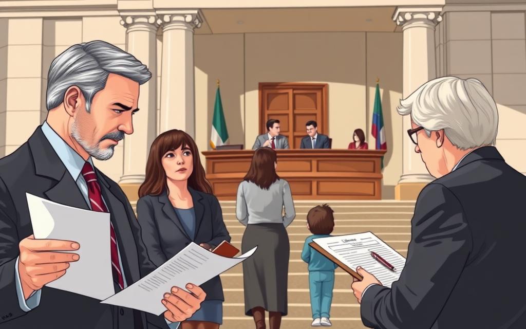 A High-Resolution, Detailed Illustration Of The Legal Process For Custody Modification. In The Foreground, A Lawyer Reviewing Legal Documents And Meeting With A Concerned Parent. In The Middle Ground, A Judge Presiding Over A Courtroom With Two Parents Presenting Their Case. The Background Depicts The Courthouse Exterior, With A Sense Of Gravitas And Seriousness. The Lighting Is Natural, With Soft Shadows And Highlights Emphasizing The Professional, Serious Tone. The Camera Angle Is Slightly Elevated, Giving A Sense Of Authority And Formality To The Scene. The Overall Mood Is One Of Thoughtful Contemplation, With The Parents And Legal Professionals Engaged In The Complex Procedures Of The Custody Modification Process. A High-Resolution, Detailed Illustration Of The Legal Process For Custody Modification. In The Foreground, A Lawyer Reviewing Legal Documents And Meeting With A Concerned Parent. In The Middle Ground, A Judge Presiding Over A Courtroom With Two Parents Presenting Their Case. The Background Depicts The Courthouse Exterior, With A Sense Of Gravitas And Seriousness. The Lighting Is Natural, With Soft Shadows And Highlights Emphasizing The Professional, Serious Tone. The Camera Angle Is Slightly Elevated, Giving A Sense Of Authority And Formality To The Scene. The Overall Mood Is One Of Thoughtful Contemplation, With The Parents And Legal Professionals Engaged In The Complex Procedures Of The Custody Modification Process.