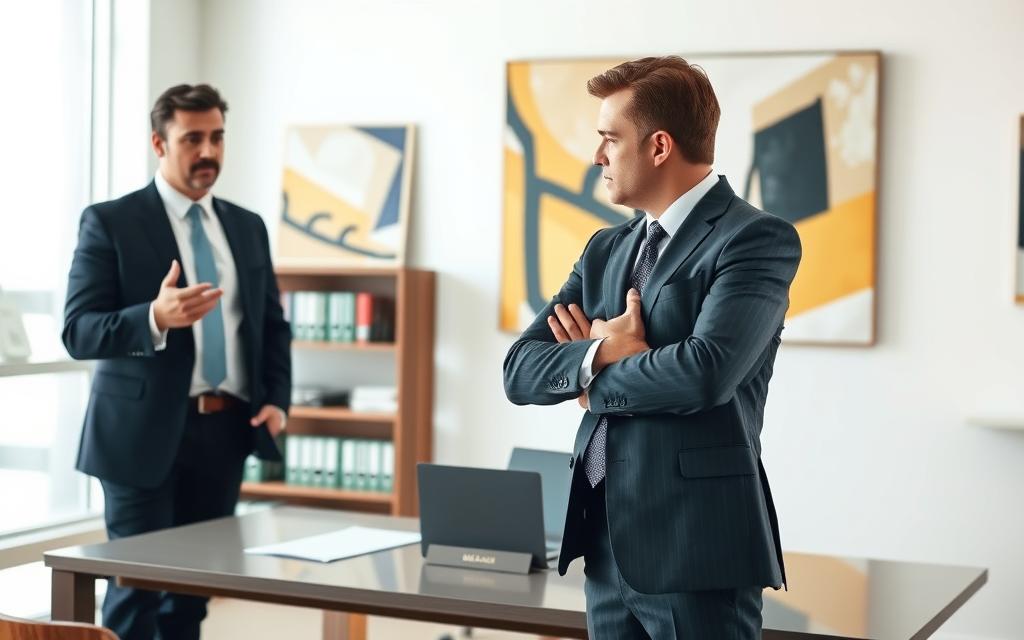 A Modern Law Office Interior, Well-Lit By Large Windows And Clean Lines. In The Foreground, A Confident Defense Attorney Stands, Gesturing Emphatically As They Explain A Strategy To Their Client, A Serious Expression On Their Face. In The Middle Ground, A Bookshelf Filled With Legal Tomes And A Sleek Desk With A Laptop, Papers, And A Nameplate. The Background Features Abstract Art On The Walls, Conveying A Sense Of Professionalism And Thoughtfulness. The Overall Mood Is One Of Focused Determination, With A Touch Of Gravitas Befitting The Serious Nature Of The Legal Proceedings.